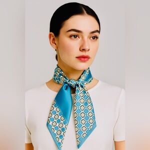 Chic Blue Geometric Print Long Scarf – Versatile Silk-Inspired Accessory